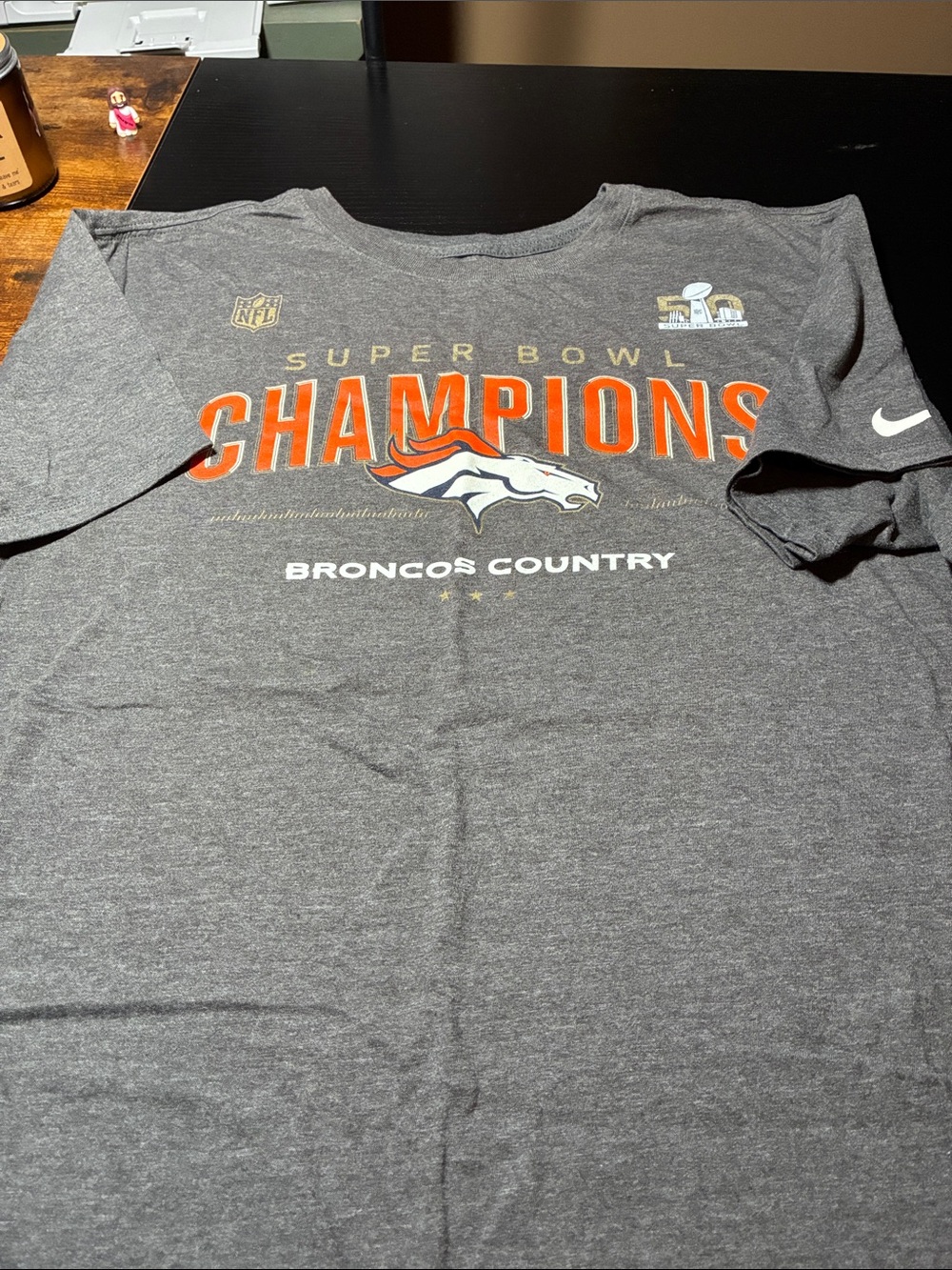 Nike Gray Broncos Super Bowl Champions Tee with Orange Accents